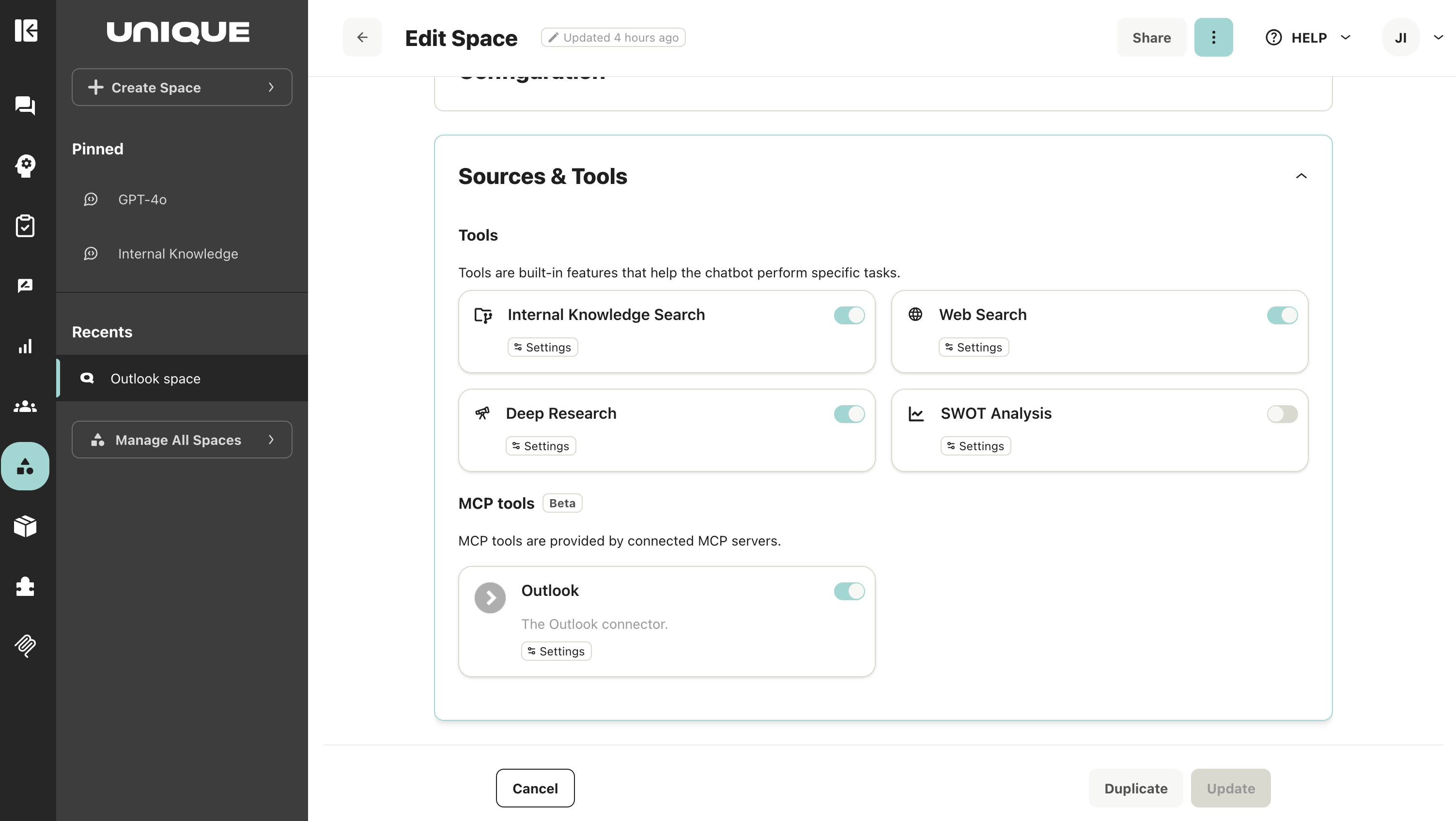 MCP Tools section in Sources & Tools